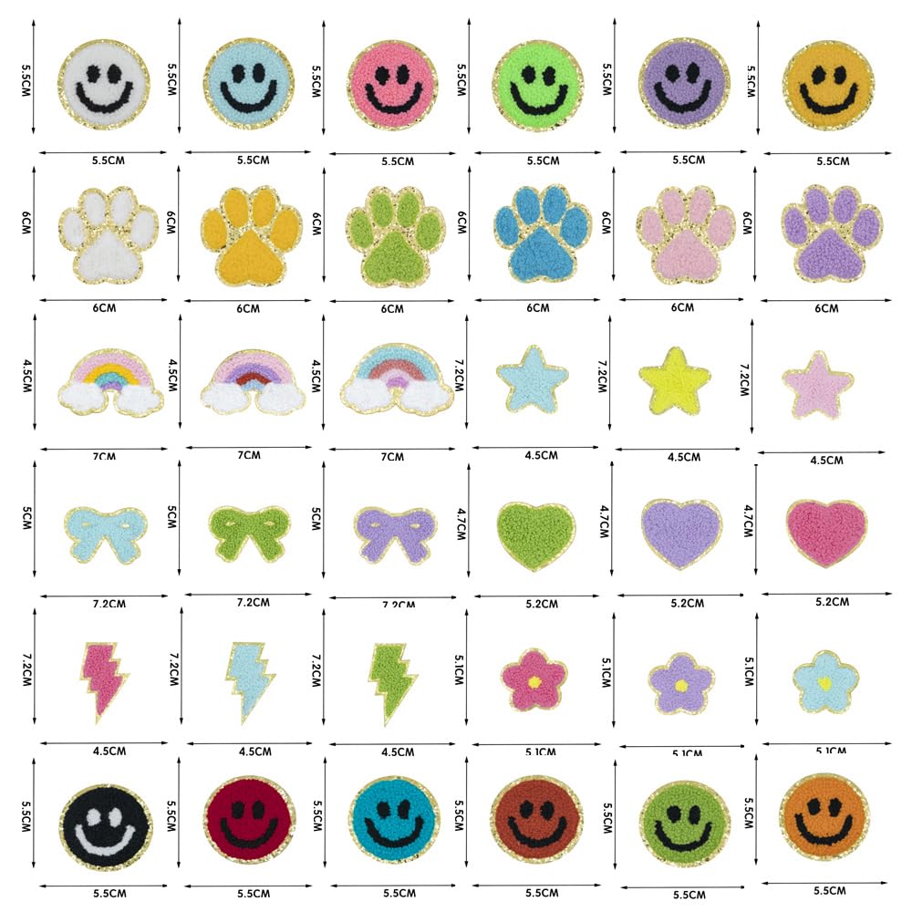 63 Pcs Chenille Iron on Patch for Girls,Cute Rainbow Heart Star Flower Paw Applique Patches with Gold Glitter Border,DIY Decoration Repair Kit for Jeans,Clothes,T-Shirt,Backpacks,Vest,Dress