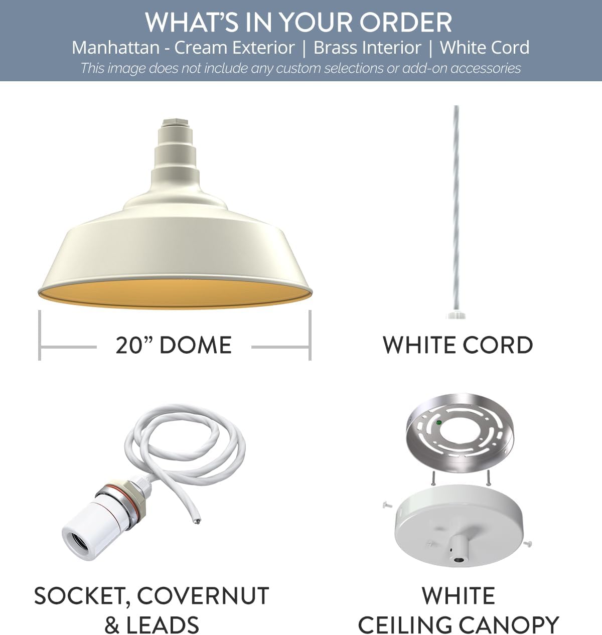 Steel Lighting Co. Manhattan Warehouse Light | Ceiling Mounted Pendant | 20 inch Dome | 4' White Cord | Large Steel Barn Light Made in America | Cream Exterior/Brass Interior