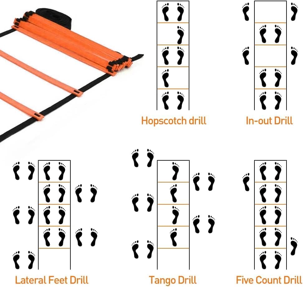 Pro Speed & Agility Training Set—Includes 12 Rung 20ft Adjustable Agility Ladder with Carrying Bag, 12 Disc Cones, 4 Steel Stakes, 1 Resistance Parachute, Use Equipment to Improve Footwork Any Sport