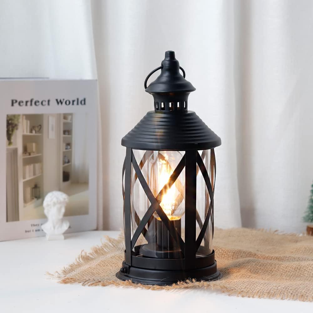 TRIROCKS Battery Powered Metal Lamp 10'' Tall Decorative Cordless Table Lamps LED Edison Lights Hanging Lamps with Metal Hook for Home Decor Patio Garden Wedding Parties Indoor Outdoor(Black)