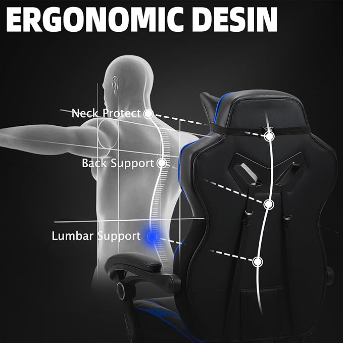 Vonesse Gaming Chair, Big and Tall Gaming Chair with Footrest and Massage, Gaming Chairs for Adults with Lumbar Support, Ergonomic High Back Computer Chair with Pocket Spring Cushion (Black/Blue)
