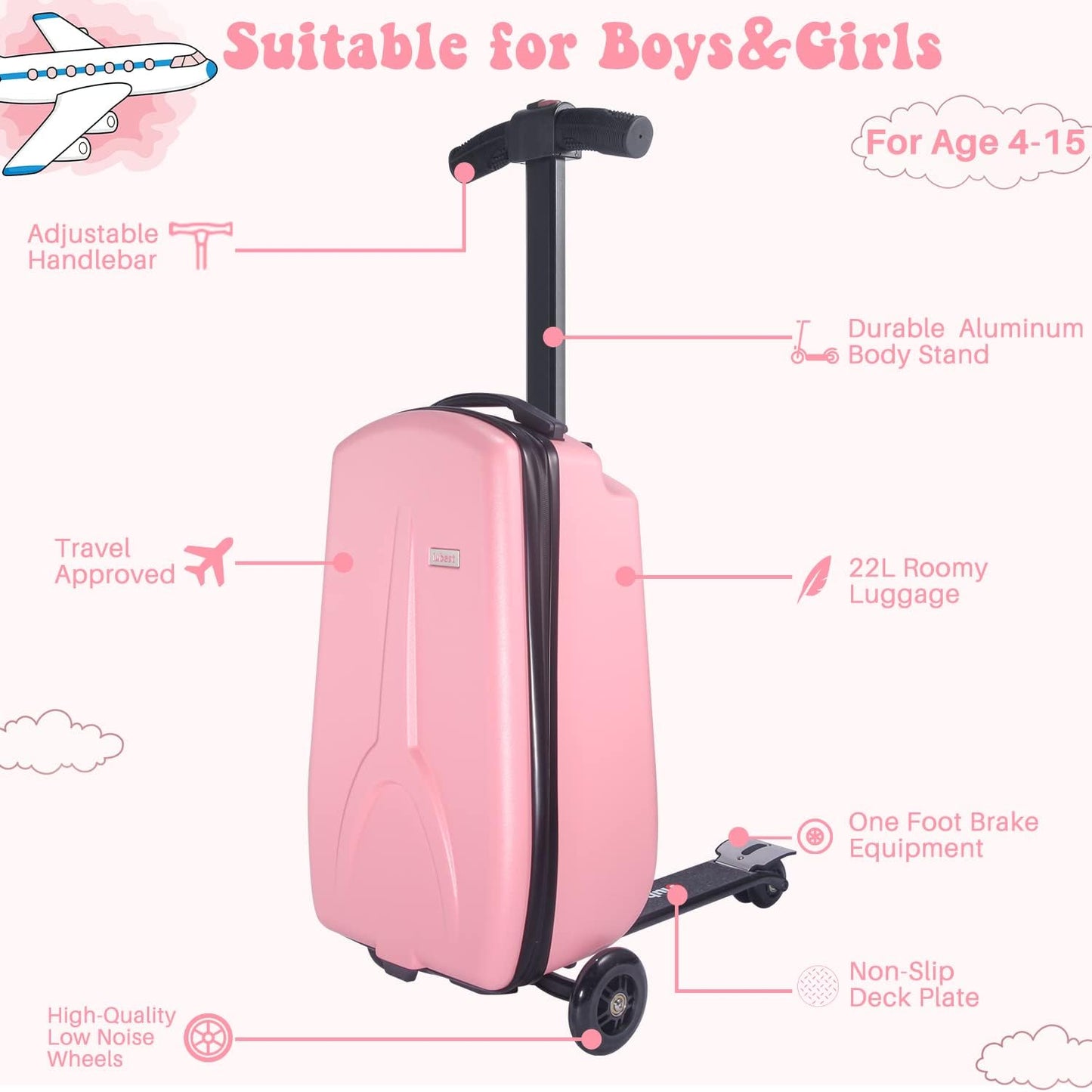 MRPLUM 20" Ride-On Suitcase with Detachable Scooter for Kids,Foldable Hardshell Carry-On Luggage for Toddlers Ages 4-15 with Adjustable Handle,Easy Steering&Brake(Airplane Approved)
