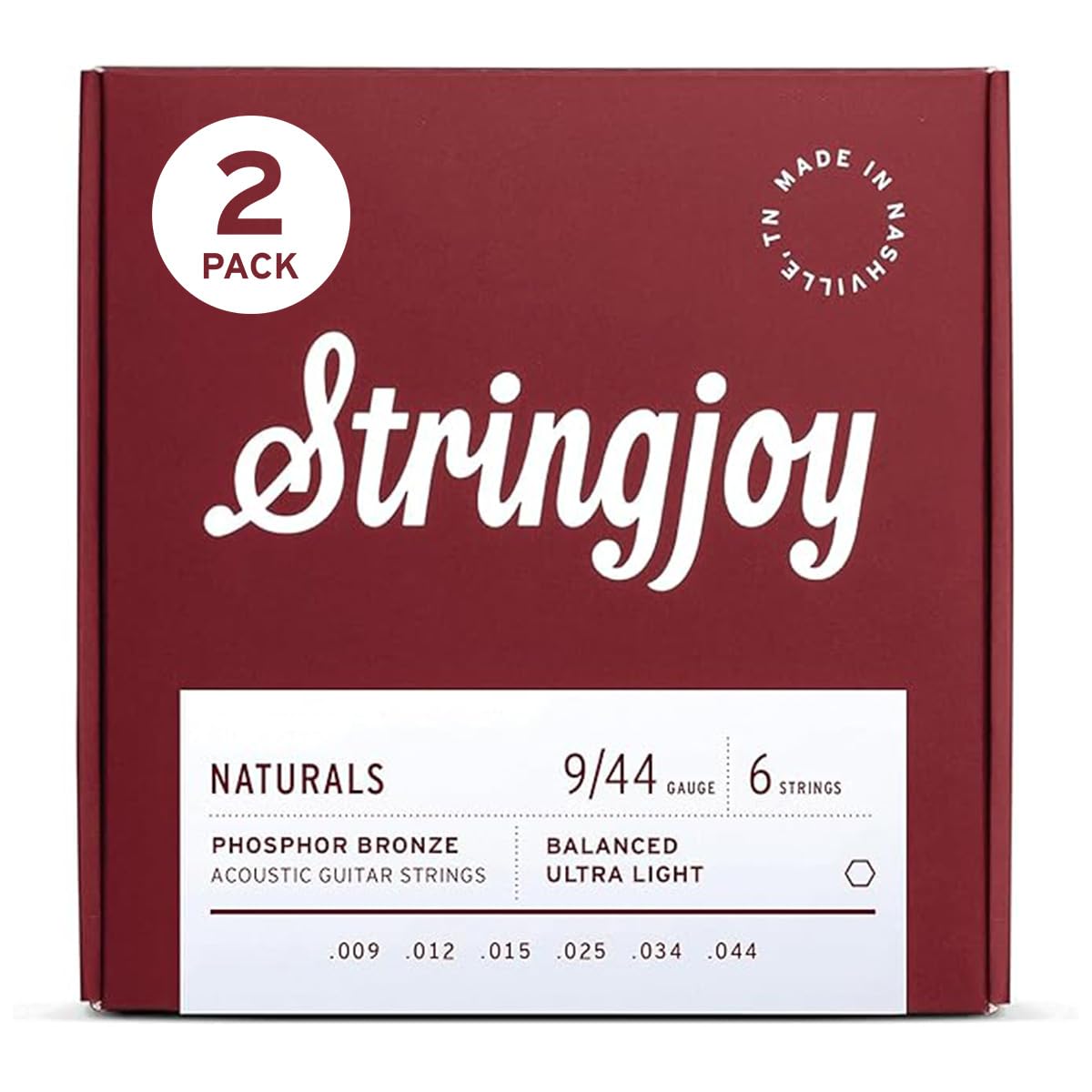 Stringjoy Balanced Ultra Light Gauge Naturals Phosphor Bronze Acoustic Guitar Strings 9-44, NB0944, Long-Lasting Clear & Shimmer