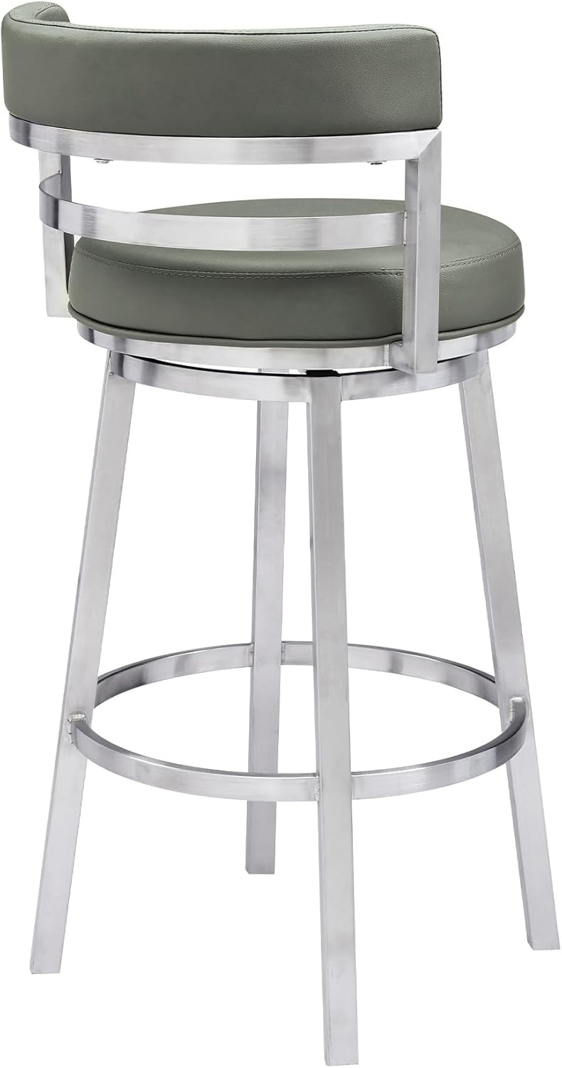 Armen Living Madrid 30" Bar Height Swivel Modern Grey Faux Leather and Brushed Stainless Steel Bar Stool for Kitchen Island Counter