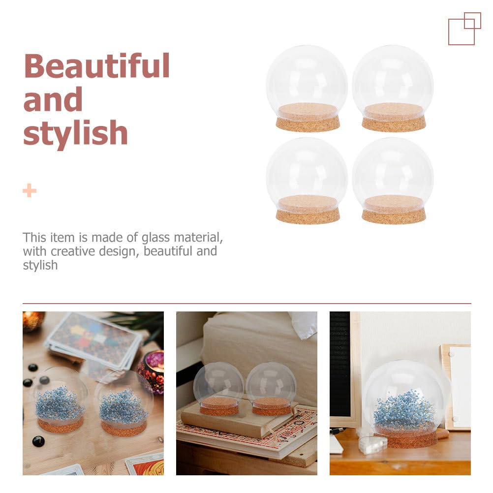 4Pcs Preserved Flower Glass Cover with Cork Base Glass Cloche Bell Jar Terrarium Dome Bottle Miniature Floral Decoration (Khaki)