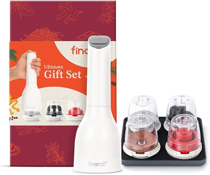FinaMill Ultimate Gift Set – Battery Operated Spice Mill with 4 Interchangeable Spice Pods & Slate Quartet Stackable Tray, Adjustable Coarseness, Ceramic Grinder, LED Light, Kitchen Gifts for Women
