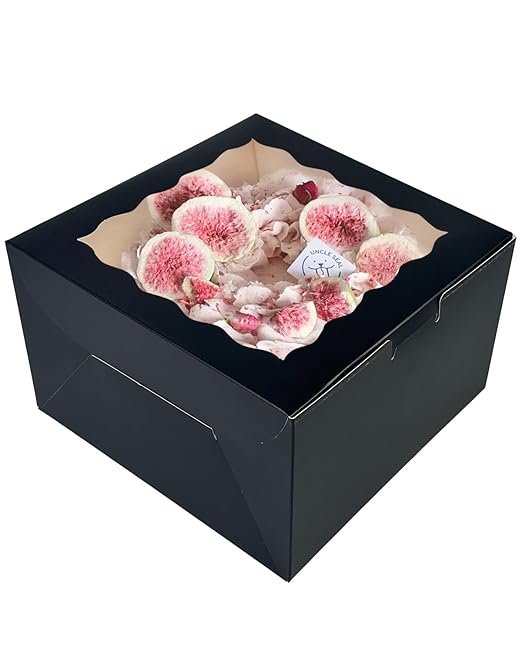qiqee 8x8x5 Cake Box, 18 Sets Black Cake Box with Window & 18 Sets 8" Black Cake Round Boards, 8inch Cake Containers