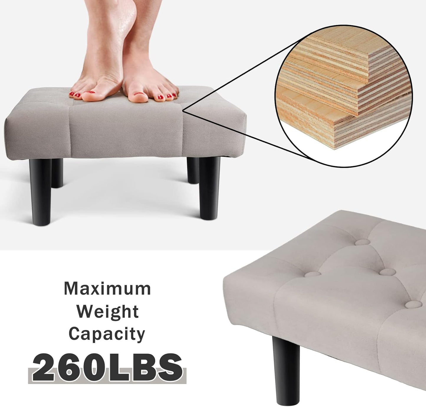 HOUCHICS Small Footstool Ottoman,Velvet Soft Footrest Ottoman with Wood Legs,Sofa Footrest Extra Seating for Living Room Entryway Office(Grey 2PACK)