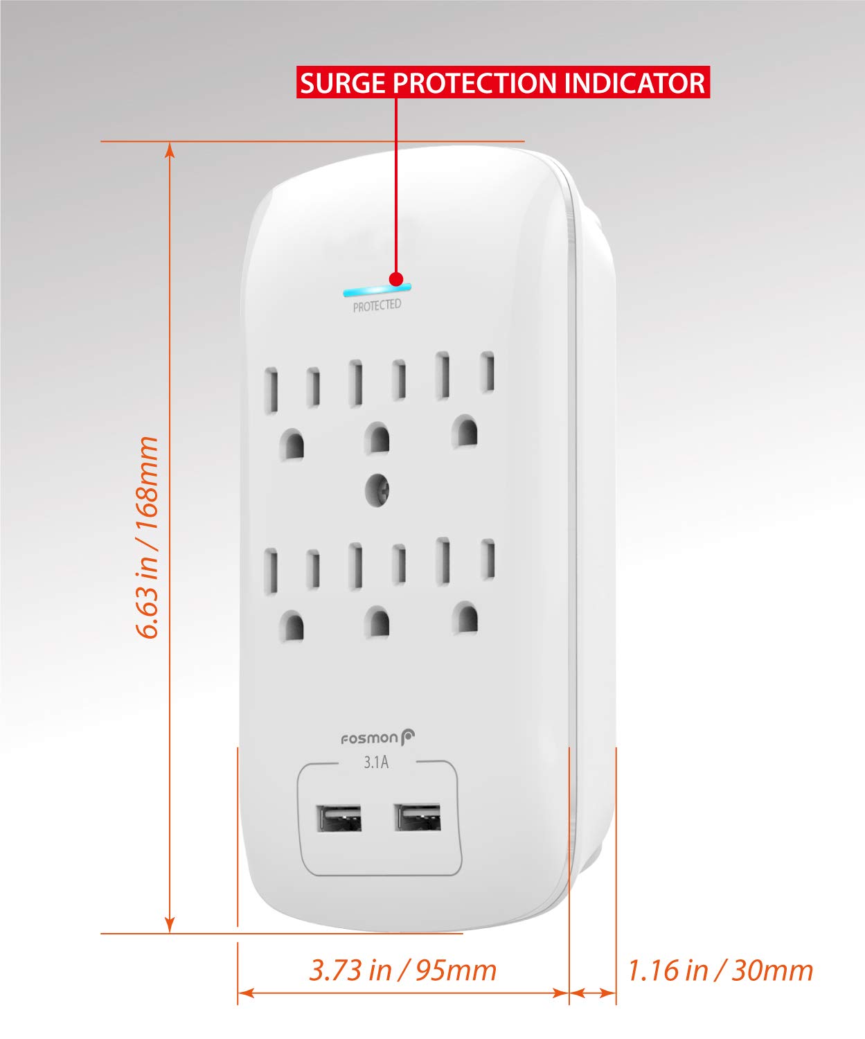 Fosmon 6 Outlet Wall Surge Protector Outlet Wall Mount, Usb In Wall Charger Surge Protector (1200 Joules), 2 Usb Ports 3.4A, 187