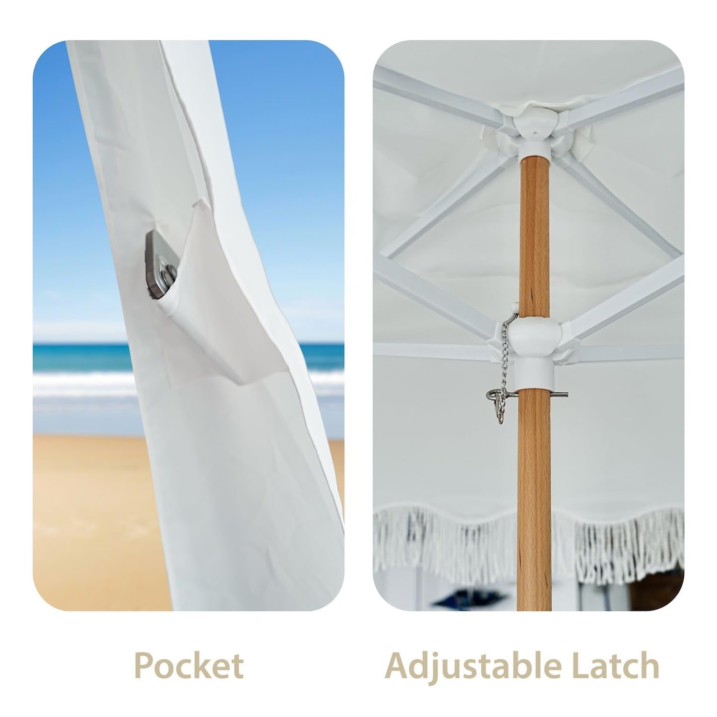 AMMSUN Beach Cabana with Fringe, 7' x 7' Boho Beach Canopy with Tassels, Easy Set up & Premium Wood Pole, Cabana Tent with Sand Pockets, Instant Sun Shade for Sand, Garden, Patio, Elegant White