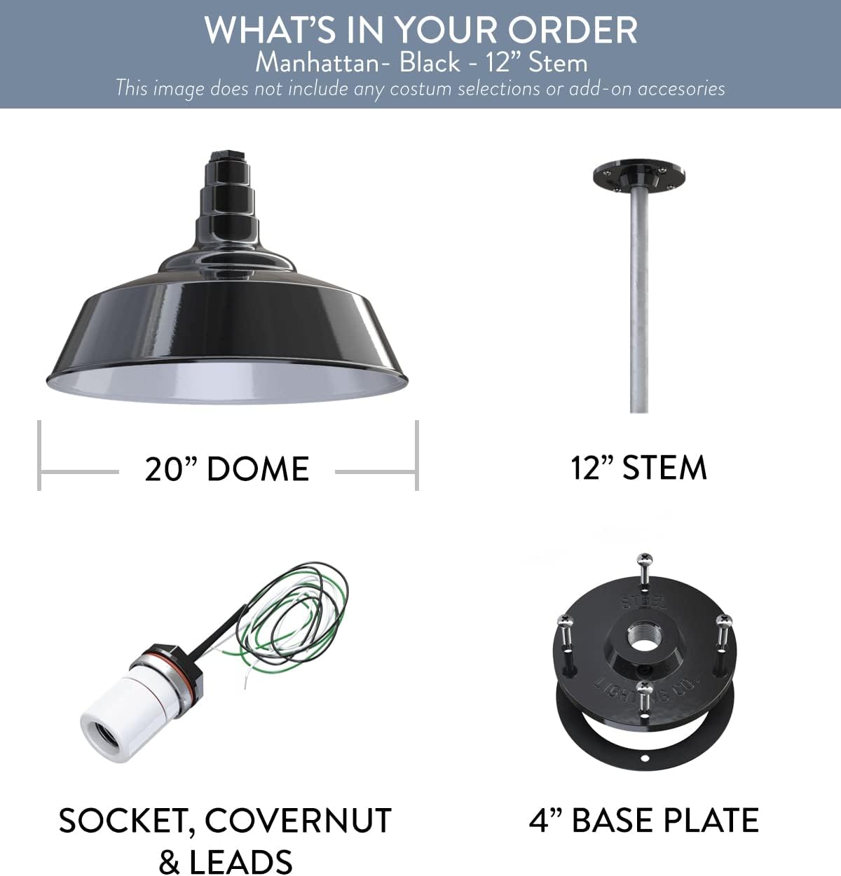 Steel Lighting Co. Manhattan Warehouse Light | Ceiling Mounted Pendant | 20 inch Dome | 12 inch Stem | Large Steel Barn Light Made in America | Black Exterior/White Interior