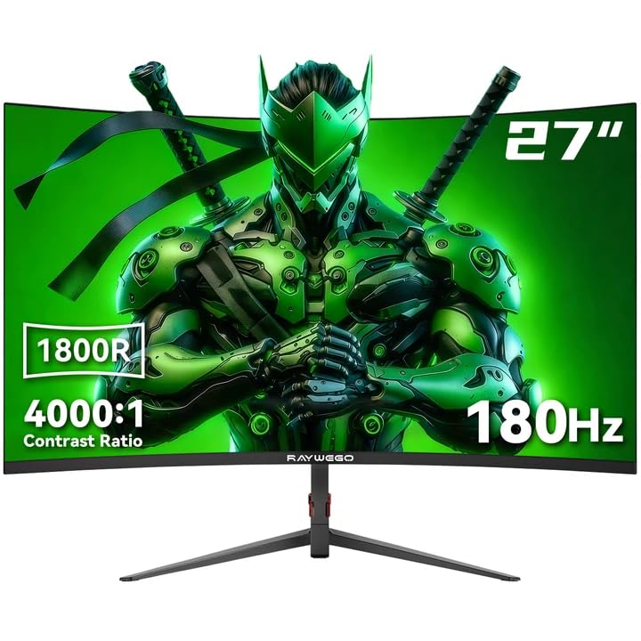 Raywego 27 inch Curved Gaming Monitor 180Hz Full HD 1080P 1800R Computer Monitor Display with FreeSync & Eye-Care, 4000:1 Contra