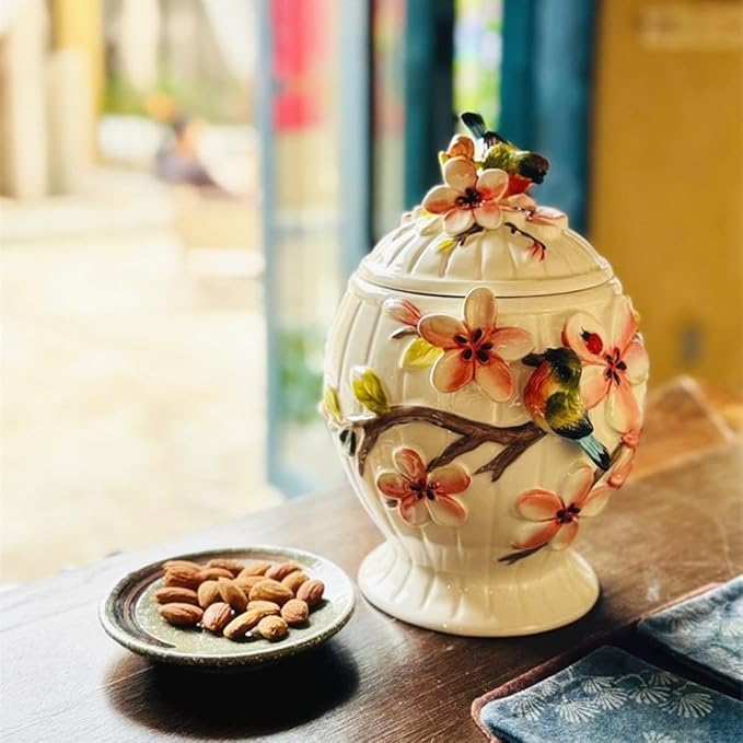 Ceramic Food Storage Containers with Lids, 3D Hand-painted Magnolia Flower and Bird for Home Kitchen Countertop Decorative Collection Jars
