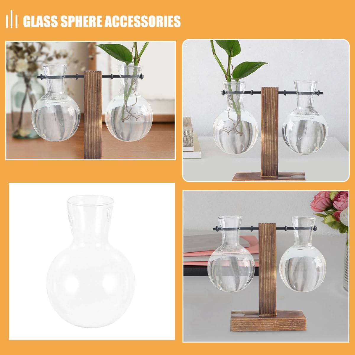 ROMISBABA 3pcs Glass Propagation Planter Vases with Wooden Stand, High Borosilicate Hydroponic Plant Holder Jars for Indoor Plant Propagation and Terrarium Decoration