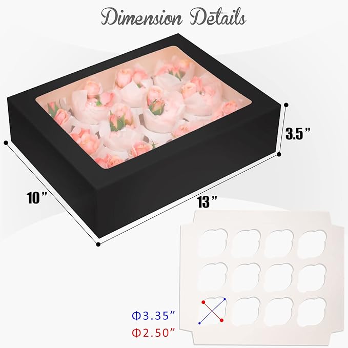 Bakepacker 12 Cupcake Containers 10-Packs Black Cupcake Box Cupcakes Carrier, 12 Cupcake Boxes with Window 13"x10"x3.5"(Auto-pop up)