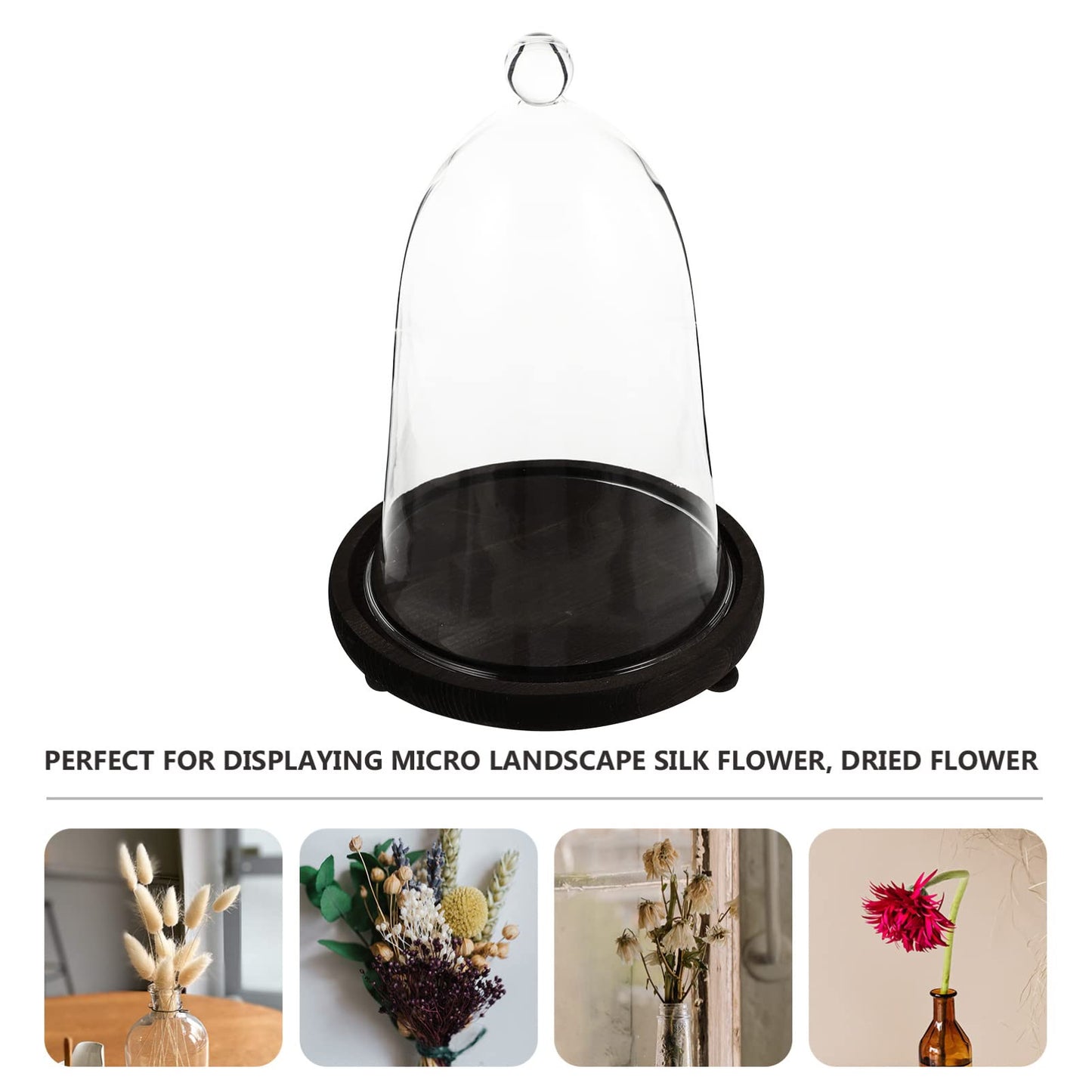 EXCEART Immortal Flower Glass Cover with Brown Wooden Base - DIY Terrarium Container for Home Decor Flower Display and Garden Cloche
