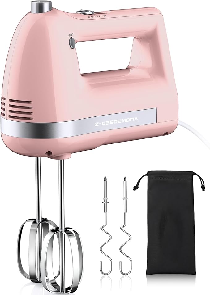 Electric Hand Mixer, Powerful 300W Hand Mixer Electric Handheld with 304 Beaters, Dough Hook,Hand Held Mixer with Turbo for Baking Cakes, Eggs, Cream Food(Pink)