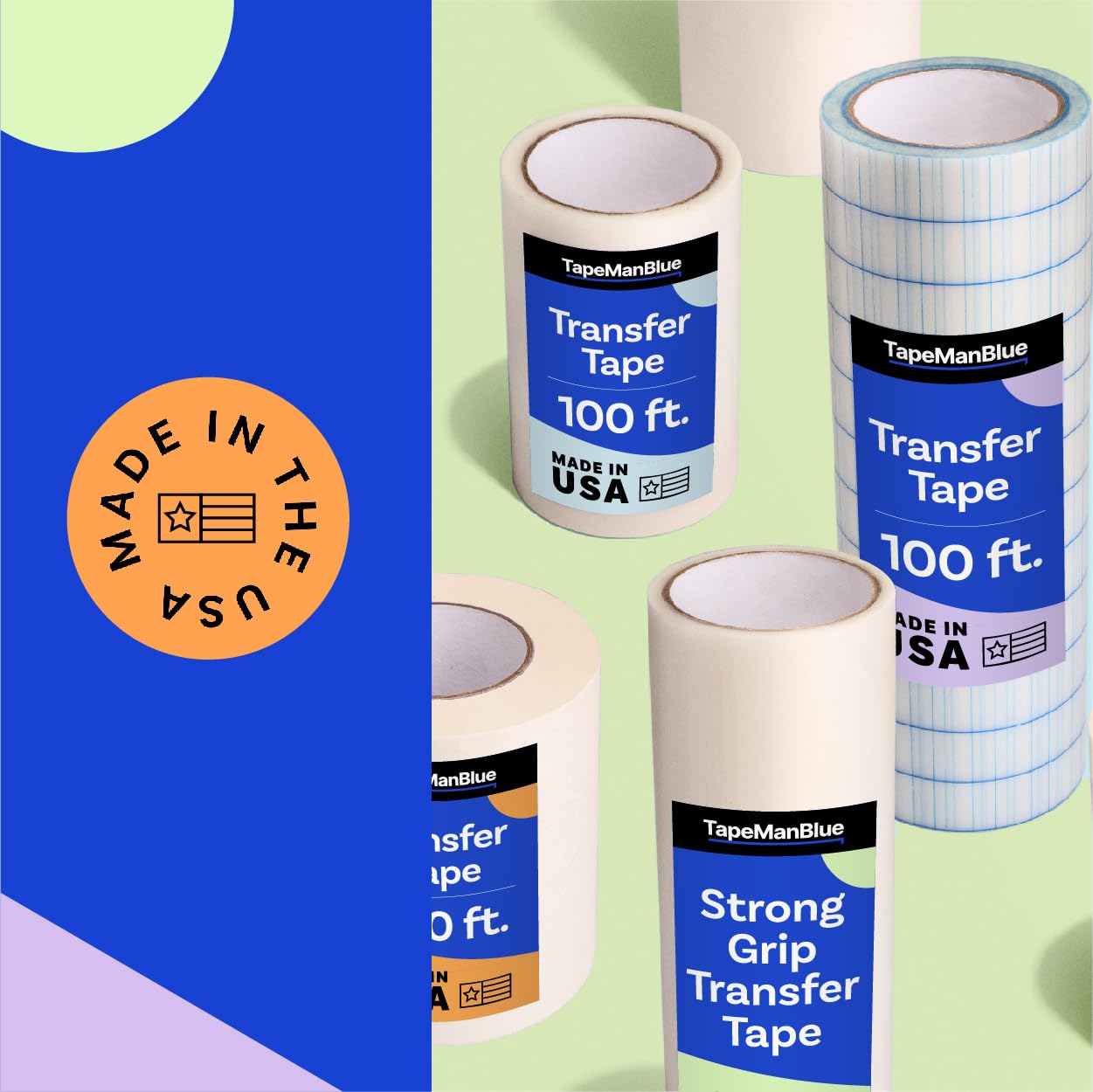 TapeManBlue Strong Grip Transfer Tape - 12" x 50' Roll of Ultra High Tack Transfer Tape for Glitter Vinyl, Holographic Vinyl, and Textured Decals, Letters & Stickers, Made in USA