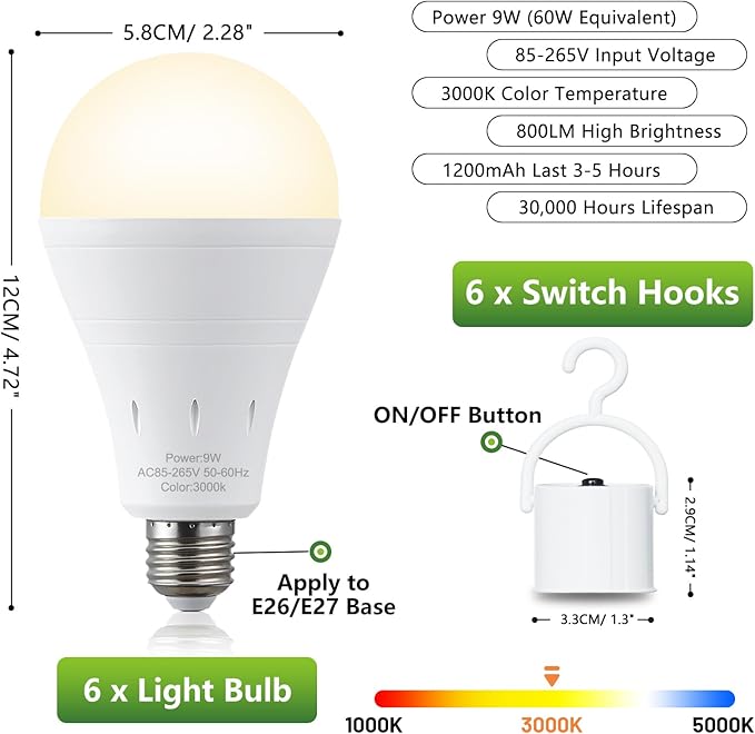 4 Pack Rechargeable Emergency Light Bulbs, Battery Powered Energy Efficient LED Light Bulb 3000K Warm E26 120 Volt 9W 60W Equivalent with 1200mAh for Home Power Outage Camping Hurricane