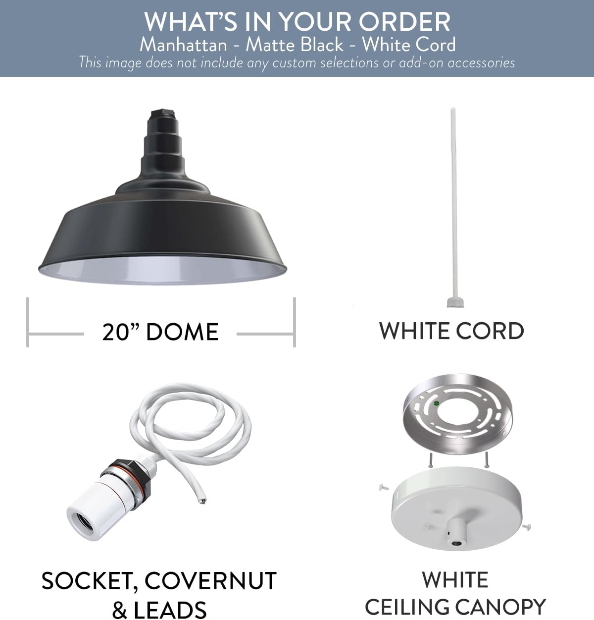 Steel Lighting Co. Manhattan Warehouse Light | Ceiling Mounted Pendant | 20 inch Dome | White Cord | Large Steel Barn Light Made in America | Matte Black Exterior/White Interior