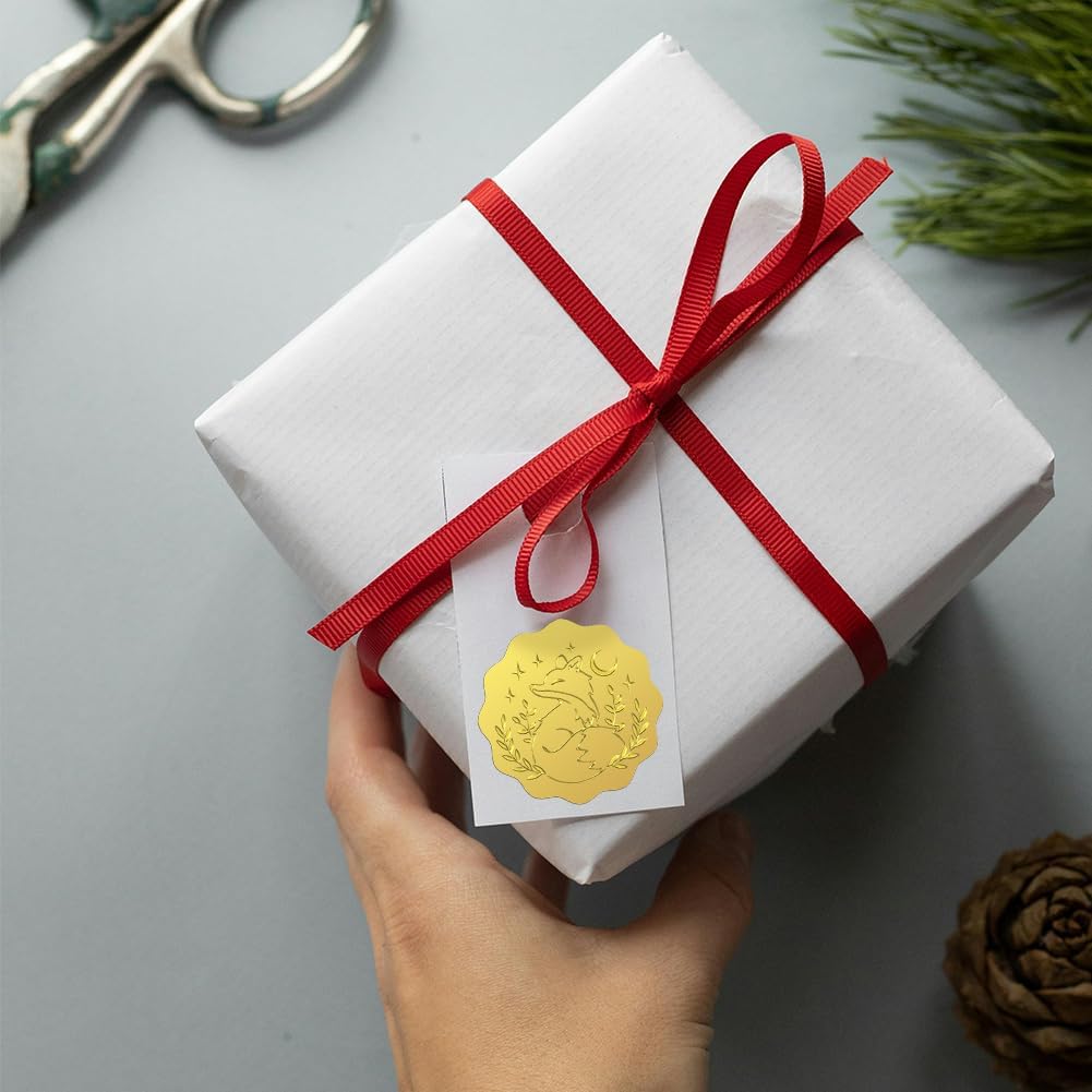 Peacoblue Gold Foil Sticker Seal Embossed 2 Inch 100Pcs Fox and Moon, Self Adhesive Gold Around Embossing Sticker for Invitation Certificate Envelope Seal Gift Card Decoration