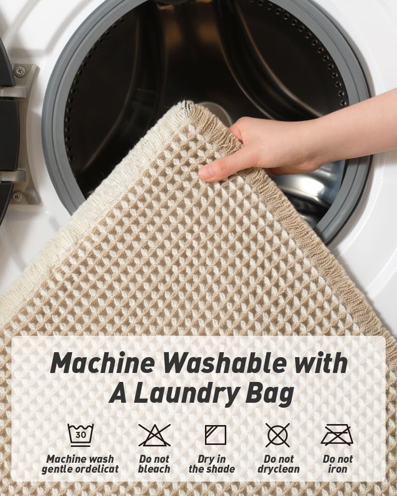 AMOAMI Upgraded Waffle Runner Rug Super Absorbent Non Slip Bath Mats for Bathroom Machine Washable Bathroom Runner Rug with Tassels, Ideal for Hallway Bedroom Laundry Room, 17" x 48", Brown & Cream