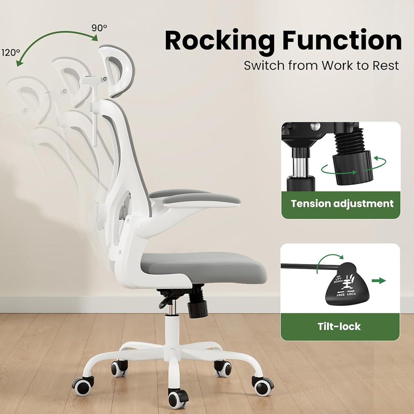 Ergonomic Office Chair, Comfy Home Office Chair High Back Computer Chair with Headrest, Adjustable Back Support, Flip-Up Arms, 90-120° Tilt and Wide Cushion, Up to 300lbs, Grey+White