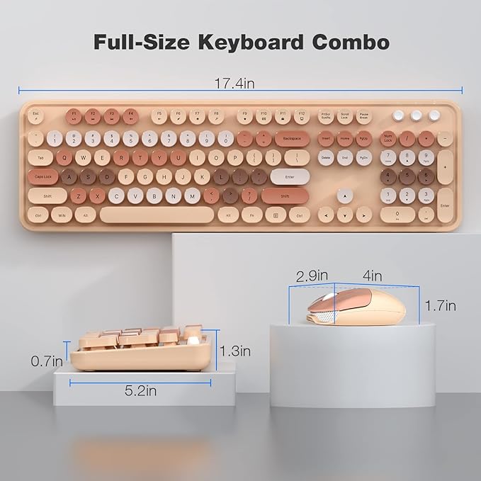 Wireless Keyboard and Mouse Combo, 104 Keys Full-Sized 2.4 GHz Round Keycap Colorful Keyboards, USB Receiver Plug and Play, for Windows, PC, Laptop, Desktop (Milk Tea)