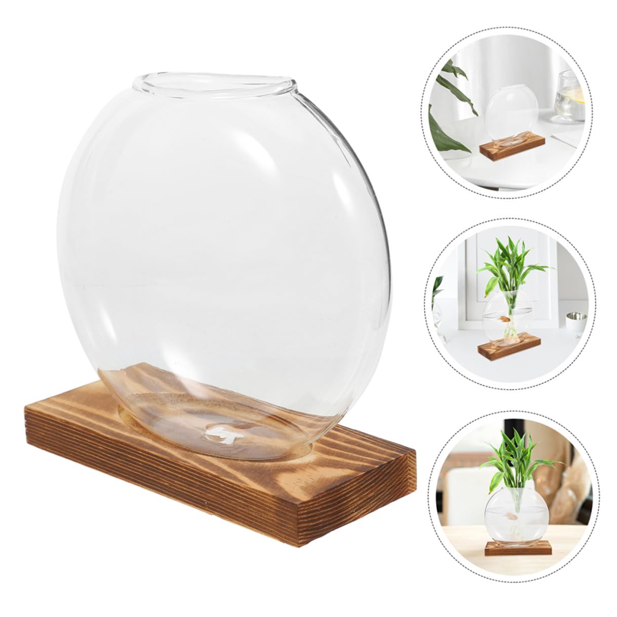 DEARMAMY 2pcs Glass Propagation Vase with Wooden Base, Indoor Hydroponic Plant Planter, Desktop Terrarium for Greenery, Home Office Shelf Decoration