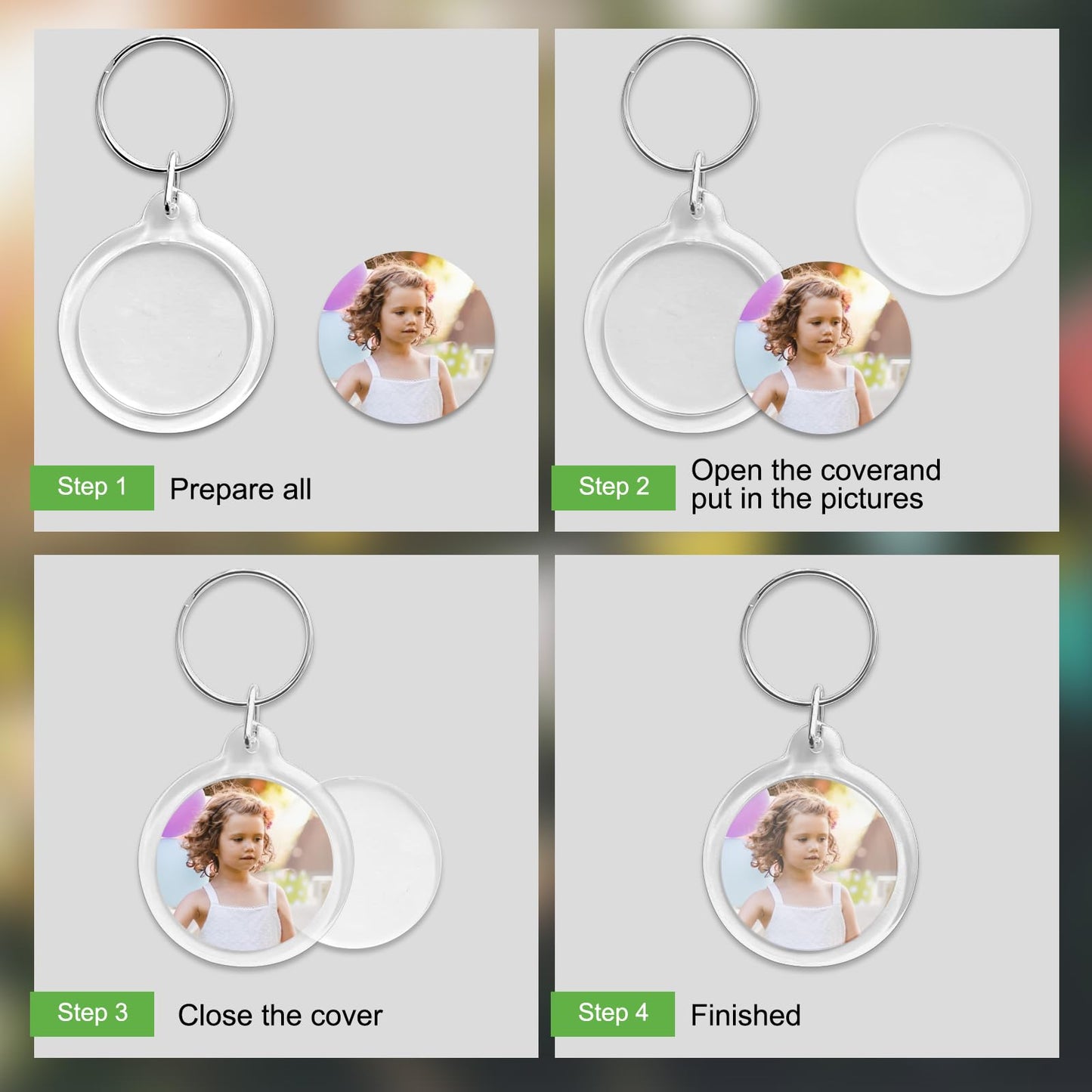 BRT Bearingshui 50pcs Pendant Picture Frame Keyrings, Clear Acrylic Photo Frame Keyring Holder, Make Your Own Personalized Keyring Kit, Round Blank Photo Insert Keychain for DIY Craft