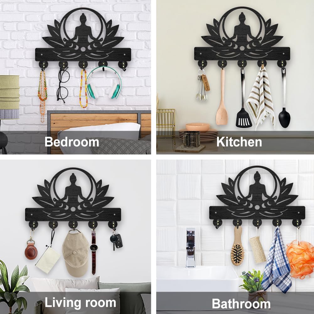 MAYJOYDIY Wooden Lotus Meditation Key Hook Zen Lotus Wall Mounted Coat Rack 11.8 x 7.8 inches Black Art Buddhist Buddha Key Hanger with 5 Alloy Hooks for Bedroom Kitchen Entryway Office