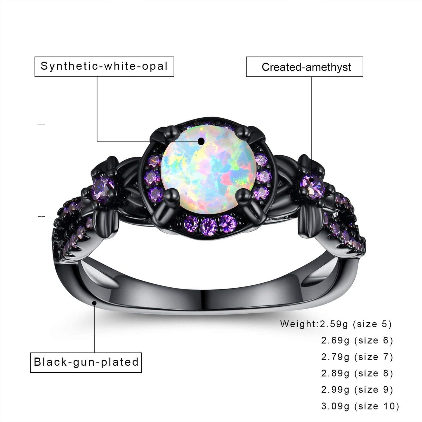 18K Black Gold Plated White Fire Opal Rings for Women October's Birthstone Gemstone Created Amethyst Eternity Wedding Engagement Promise Band (8)