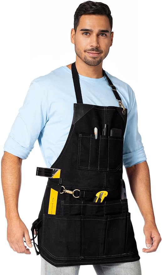 Under NY Sky Tool Black Apron – Heavy-Duty Waxed Canvas, Leather Reinforcement, Extra Pockets – Adjustable for Men and Women – Pro Mechanic, Woodworker, Blacksmith, Plumber, Electrician, Welder Aprons