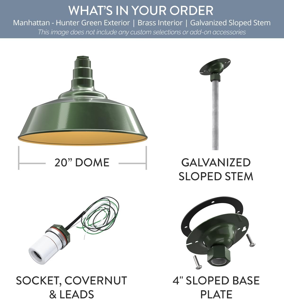 Steel Lighting Co. Manhattan Warehouse Light | Ceiling Mounted Pendant | 20 inch Dome | 12" Sloped Stem | Large Steel Barn Light Made in America | Hunter Green Exterior/Brass Interior