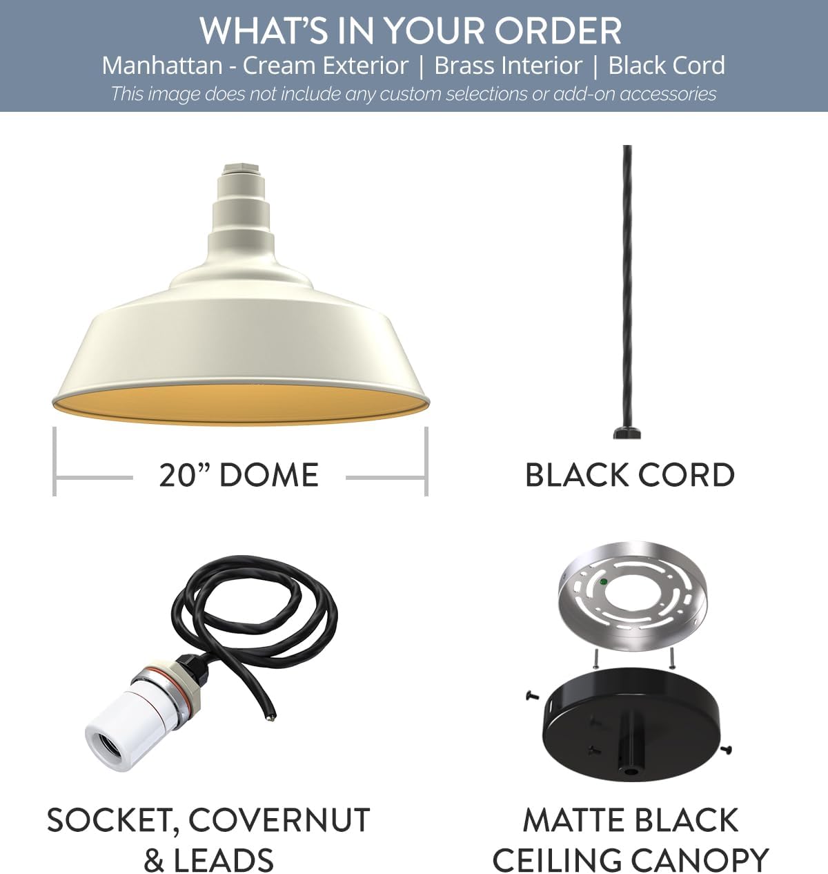 Steel Lighting Co. Manhattan Warehouse Light | Ceiling Mounted Pendant | 20 inch Dome | 4' Black Cord | Large Steel Barn Light Made in America | Cream Exterior/Brass Interior