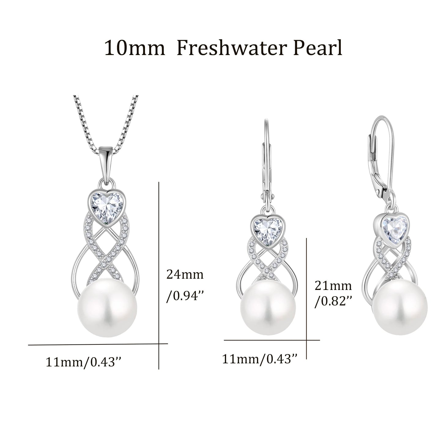 Pearl Earrings Necklace Jewelry Set for Women 925 Sterling Silver Heart Simulated Diamond Freshwater Pearl Jewelry Gift for Her