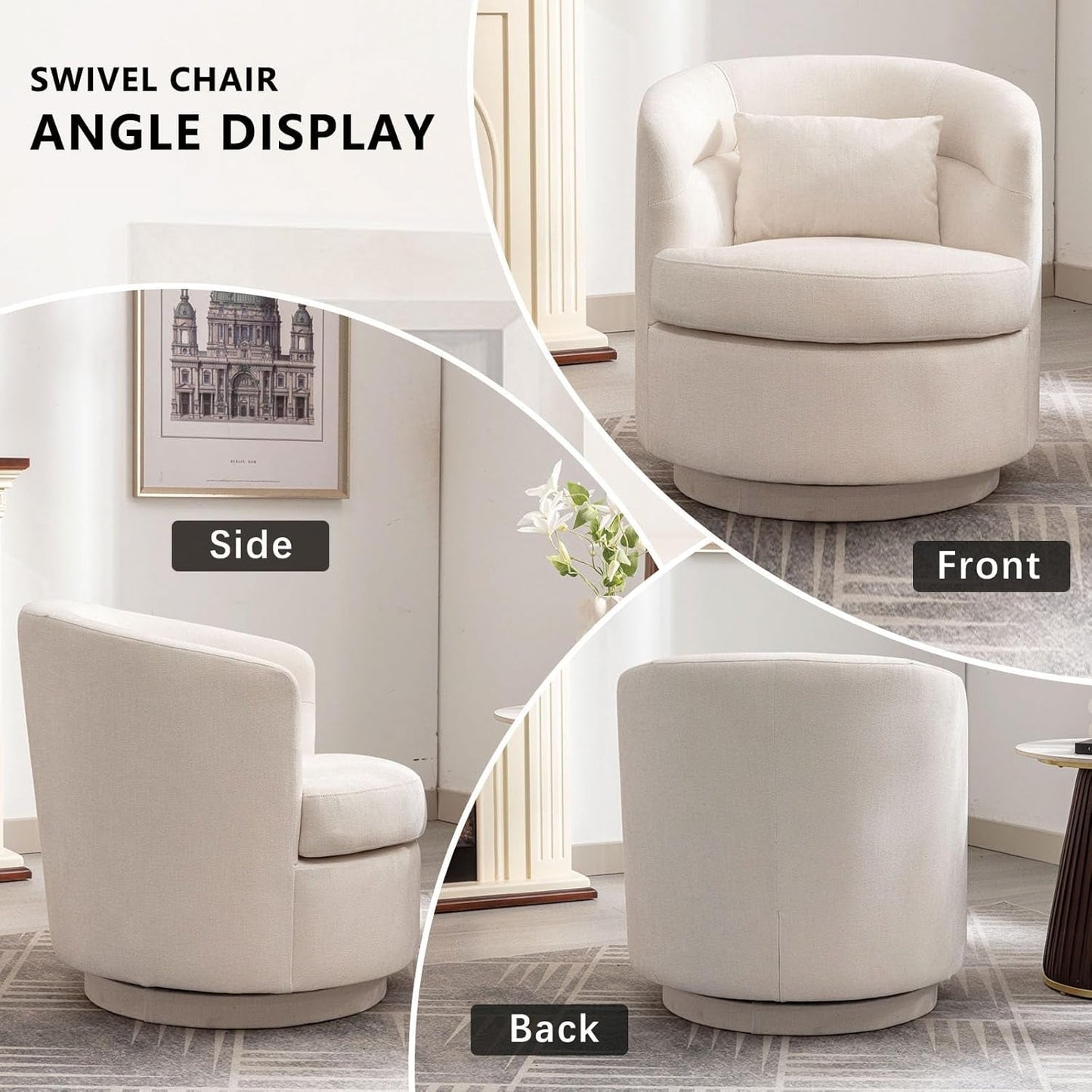 Swivel Accent Chair Set of 2, 360 Degree round Swivel Barrel Chair with Pillow, Upholstered Comfy Barrel Armchair Single Club Sofa Chair for Living Room,Bedroom, Reading Room,Beige