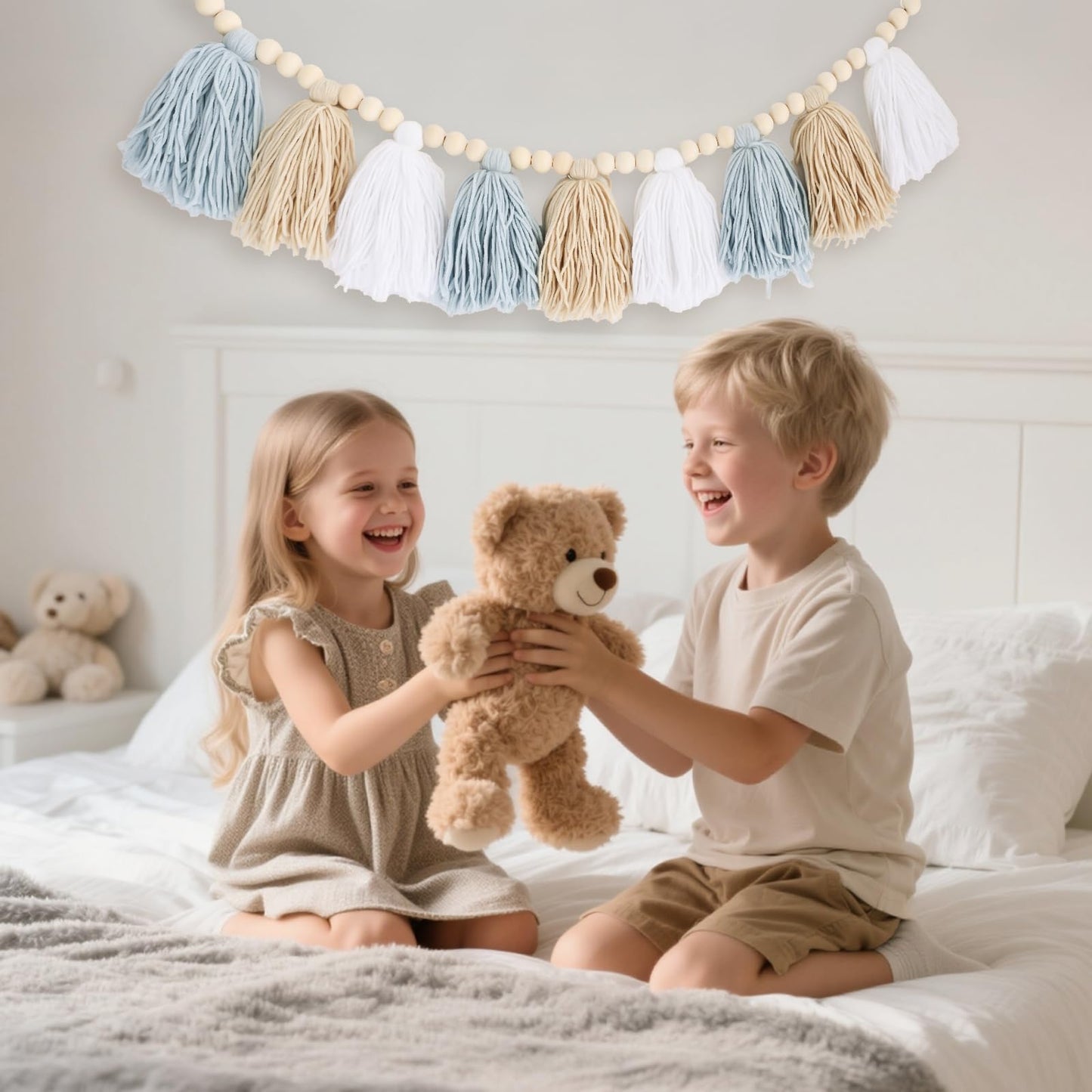 Coastal Boho Blue Tassel Garland Room Decor, Handmade Yarn Wood Beads Banner for Nursery, Baby Boy Shower Decorations for Wall Hanging, Classroom Decor, Birthday Party and Photo Backdrop