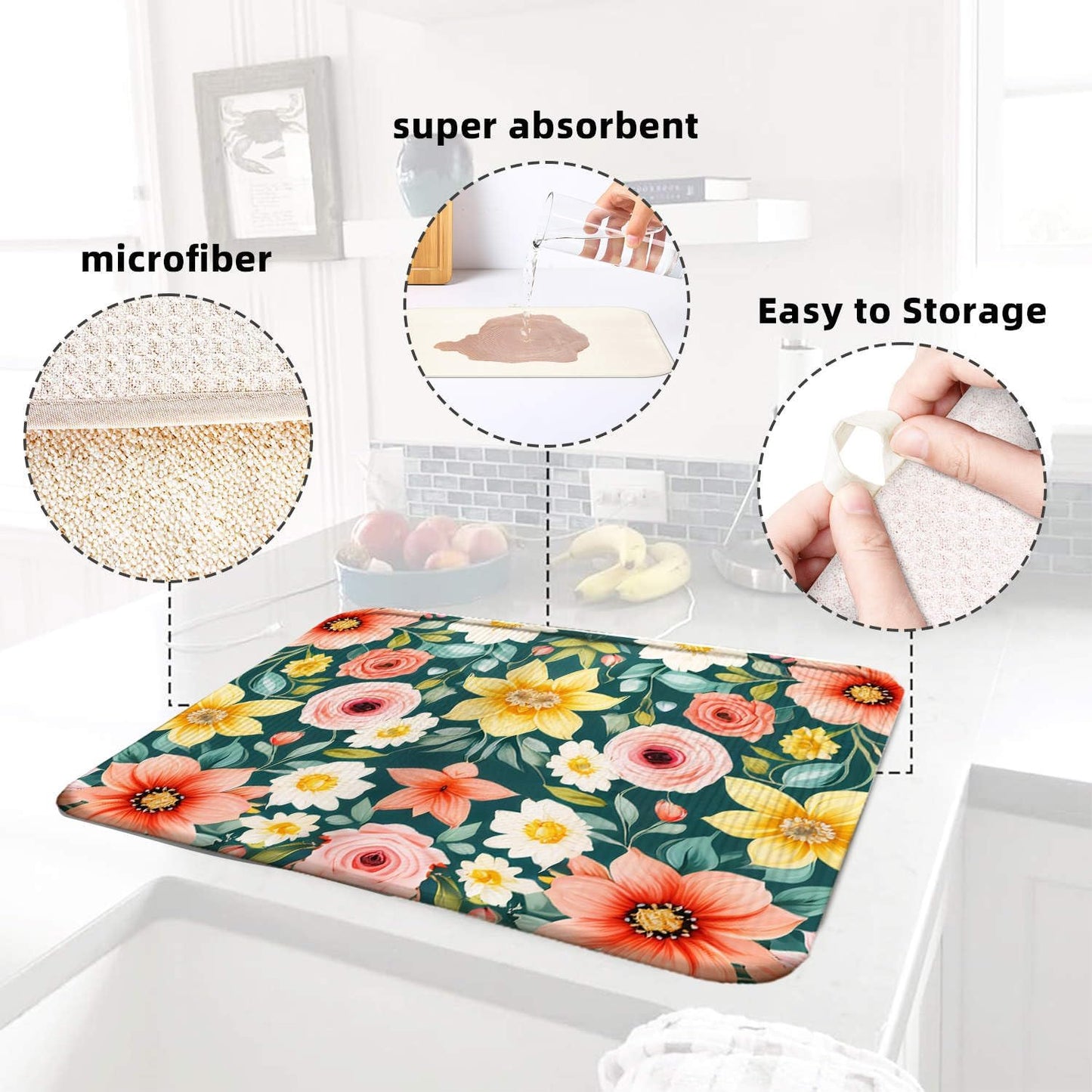 Large Blue Floral Spring Dish Drying Mat for Kitchen Counter 18x24 Microfiber Absorbent - Foldable, Non-Slip, Compact Kitchen XL Drying Mats for Dishes, Countertops, and Cookware
