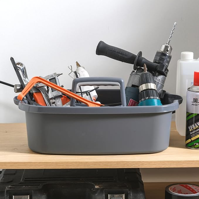 Cleaning Supplies Caddy, Household Tools Organizer with Handle, Large Plastic Bucket, Portable Shower Basket Tote, Gray