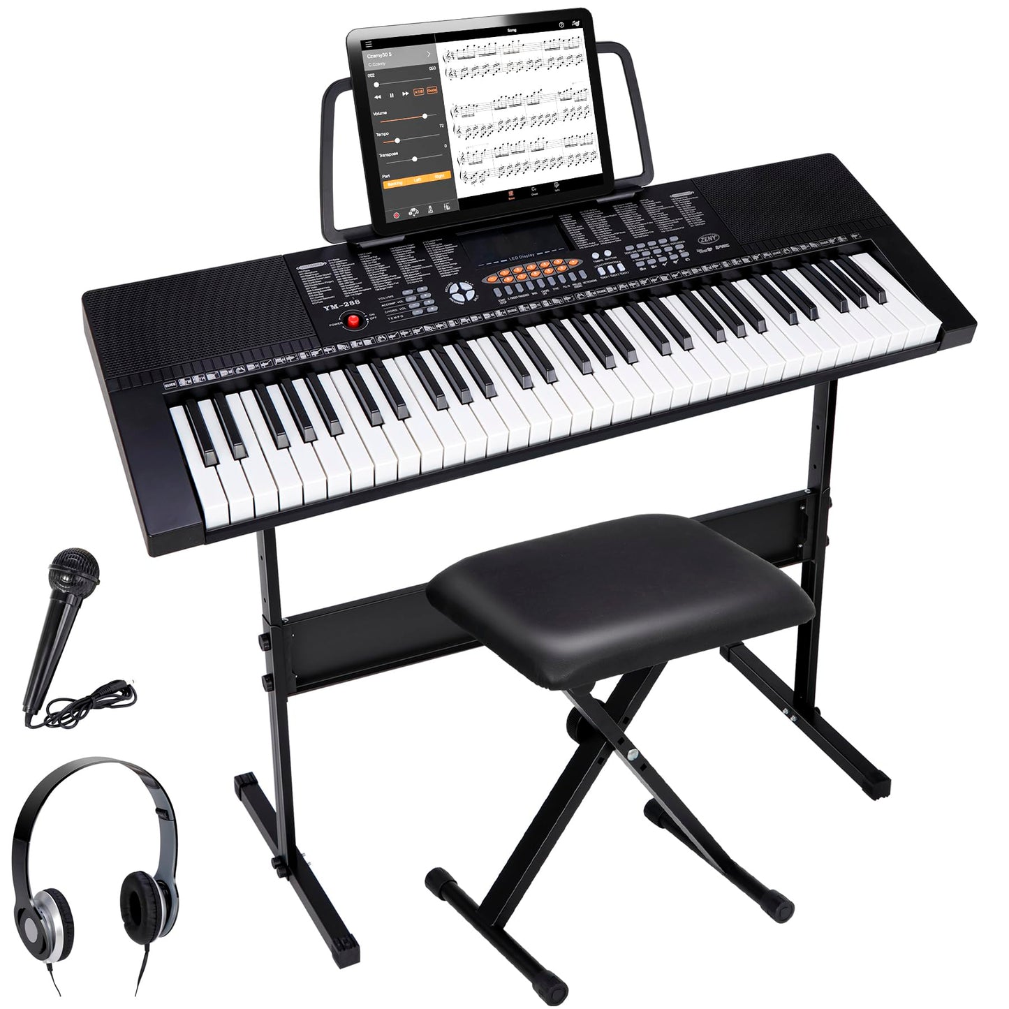 ZENY 61-Key Portable Electric Keyboard Piano with Built In Speakers, LED Screen, Headphones, Microphone, Piano Stand, Music Shee