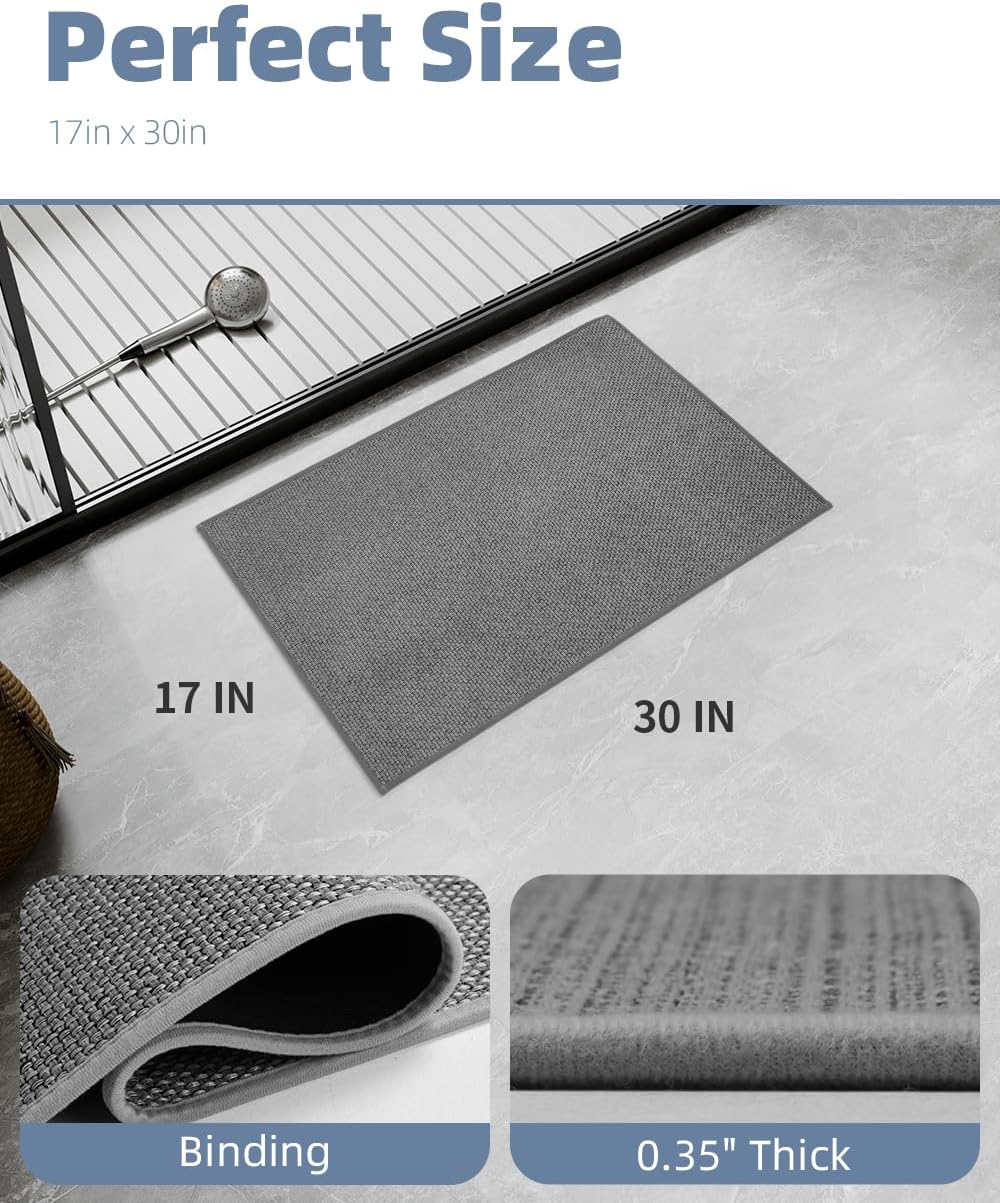 PADOOR Non-Slip Bath-Mats for Bathroom, Rubber-Backing Braided Absorbent Bathroom Mat Machine Washable Thin Bathroom Rugs Fit Under Door Quick Dry Bath Rugs for Floor, 17''x30'' Grey