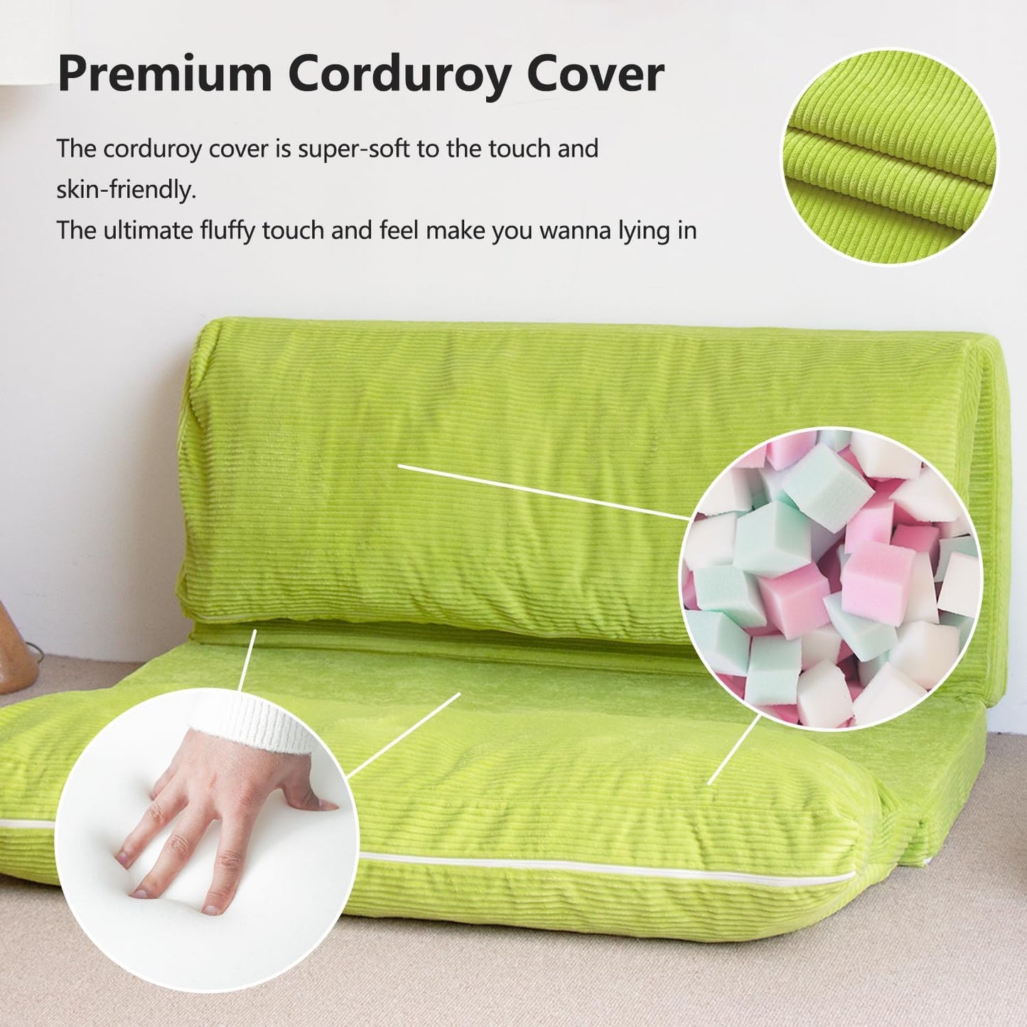 N&V L92×W58 Inch Large Folding Matress Sofa Bean Bag, Foam Filling Folding Matress Sofa, Includes Removable and Machine Washable Cover Patent No.: US D1,018,079 S (Lime, Large Corduoy), 94024