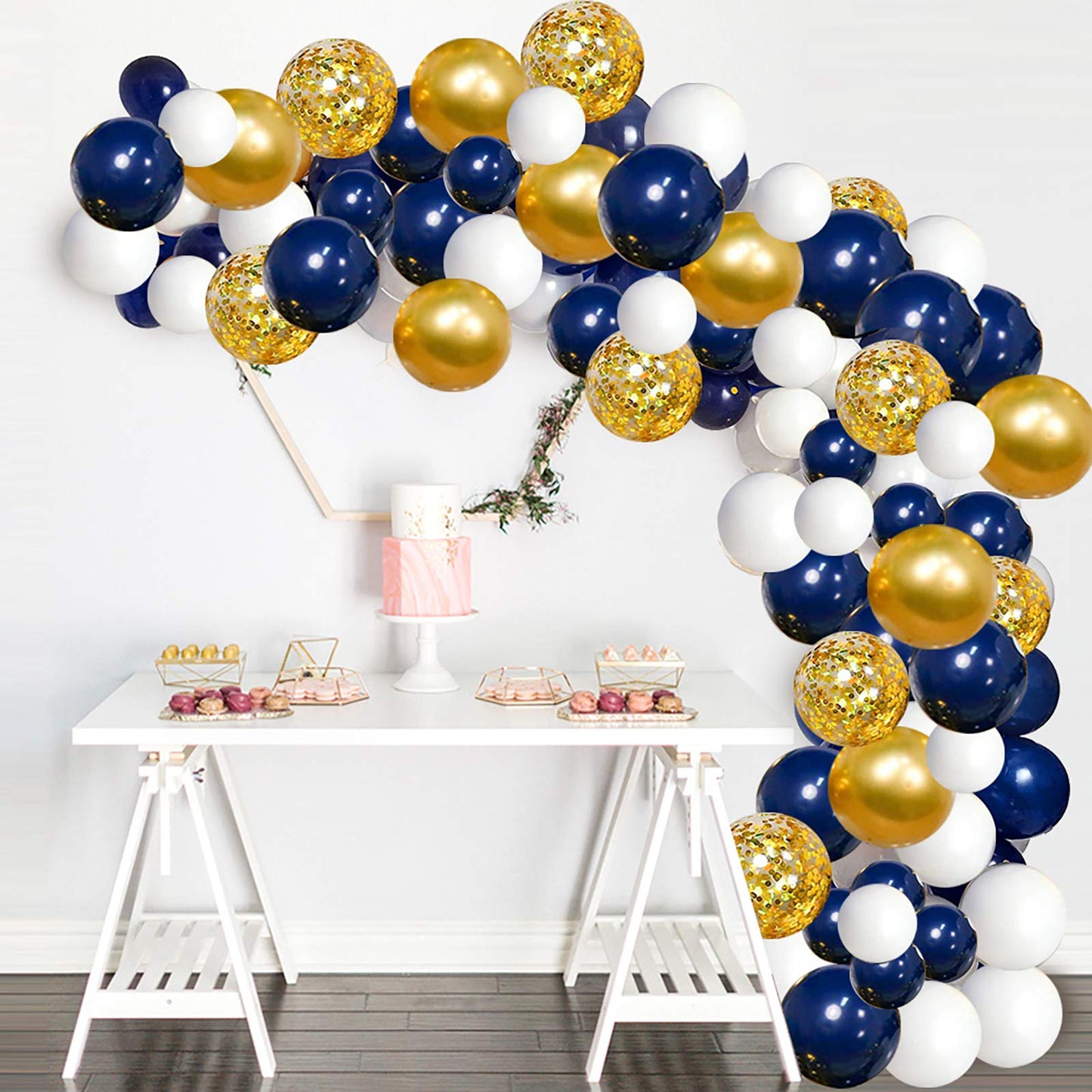 Navy Blue Gold Balloons Garland Kit, 120 pcs Navy and Gold Confetti White Balloons Arch for Graduation Birthday Party Baby Shower DIY Decoration