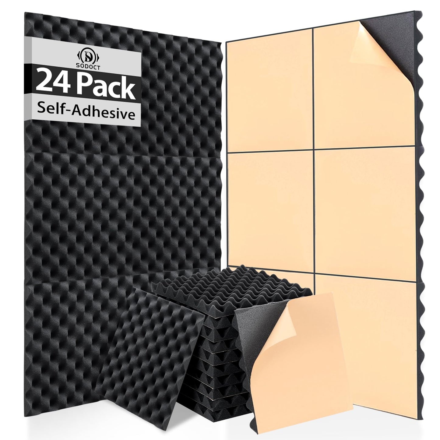 SD SODOCT 24 Pack Self-Adhesive 12 X 12 X 1.2 Egg Crate Soundproof Wall Panels for Studio, Room Acoustic Treatment Foam, Sound A