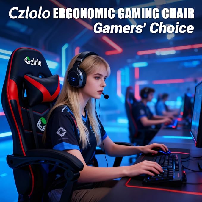 Gaming Chair with Footrest Racing Style Lumbar Support Massager Video Game Chair with Metal Legs, High Back Reclining Gamer Chair with Headrest, 360° Swivel Office Computer Desk Chair (Red)