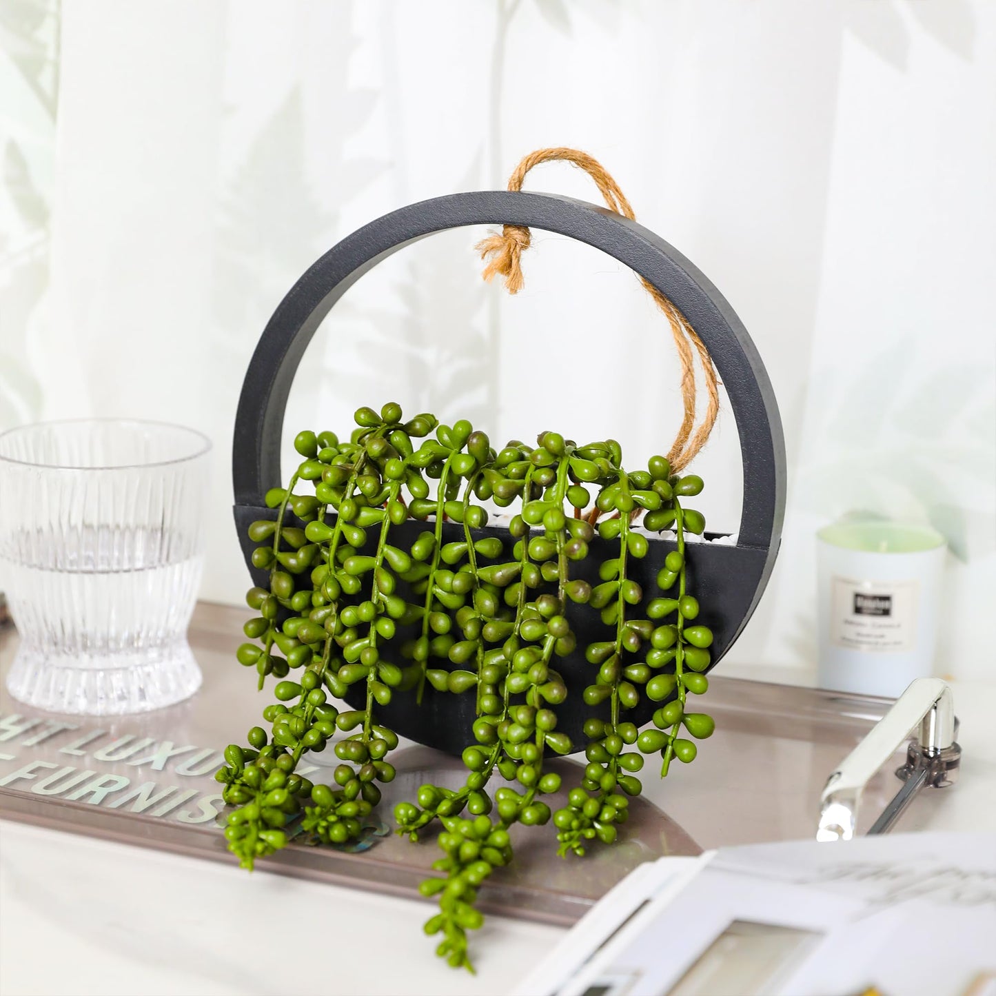 Floweroyal 2pcs Artificial Succulents Hanging Plants 12.2'' Fake String of Pearls in Pot with 8.3'' Lanyard for Indoor Outdoor Wall Decor (Black).