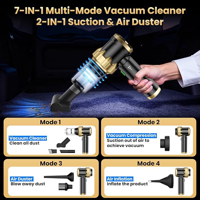 Car Vacuum Portable Cordless - Handheld Vacuum Cleaner with 16000PA Strong Suction, 7-in-1 Air Duster/Blower, Rechargeable Mini Vacuum with Long Battery, Multi-Nozzles for Car,Home, Office, Pet