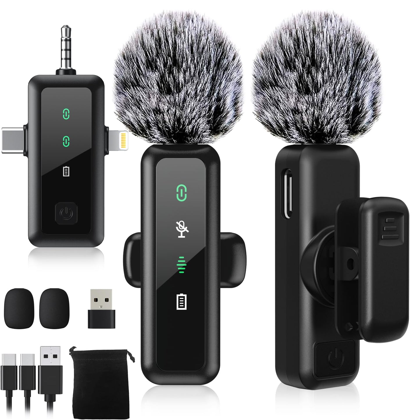 3 IN 1 Wireless Lavalier Microphones for iPhone/Android/Camera Devices(Lightning/USBC/3.5 mm Jack), 2 Pack Mini LED Display Lape