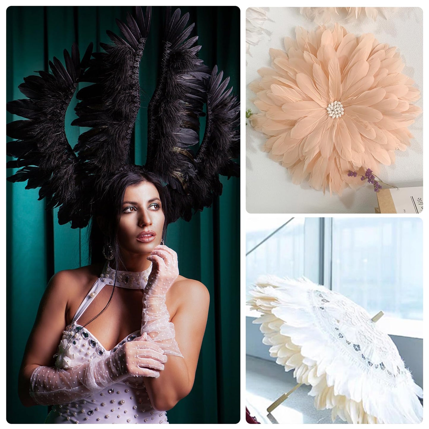 MAOFENG 2 Yards Natural Goose Feathers Trim Sewing Fringe Fashion Dress Sewing 6-8inch for DIY Handicrafts Costumes Decoration,Golden